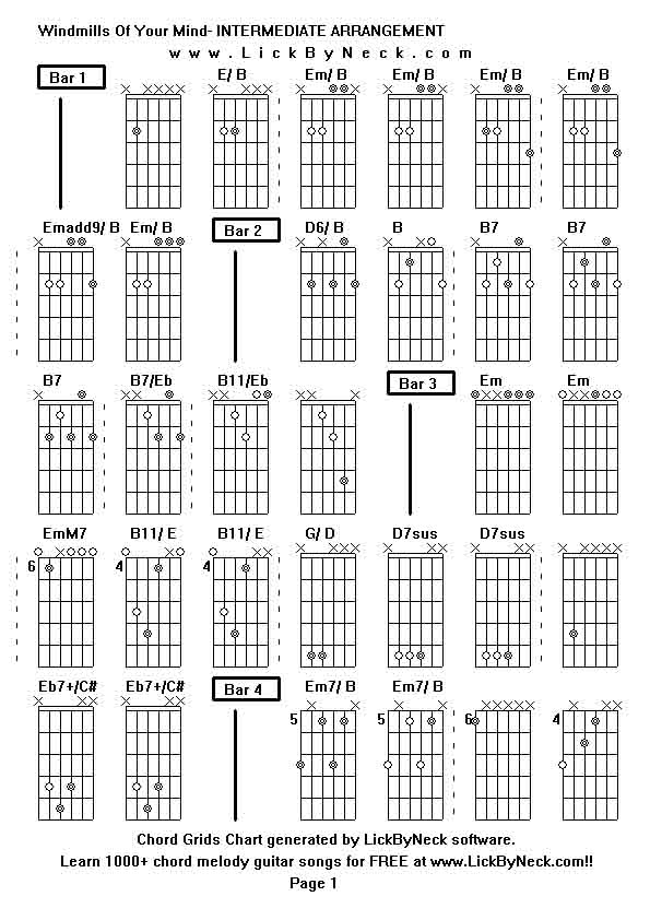 Chord Grids Chart of chord melody fingerstyle guitar song-Windmills Of Your Mind- INTERMEDIATE ARRANGEMENT,generated by LickByNeck software.